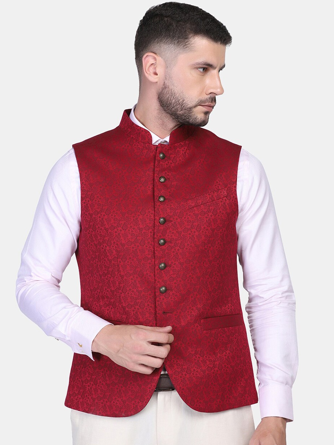 

Blackberrys Men Maroon Floral Woven Design Slim-Fit Nehru Jacket