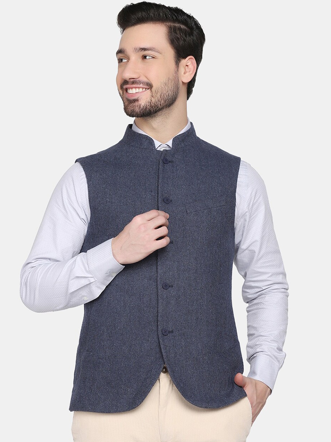

Blackberrys Men Navy Blue Striped Slim-Fit Nehru Jacket