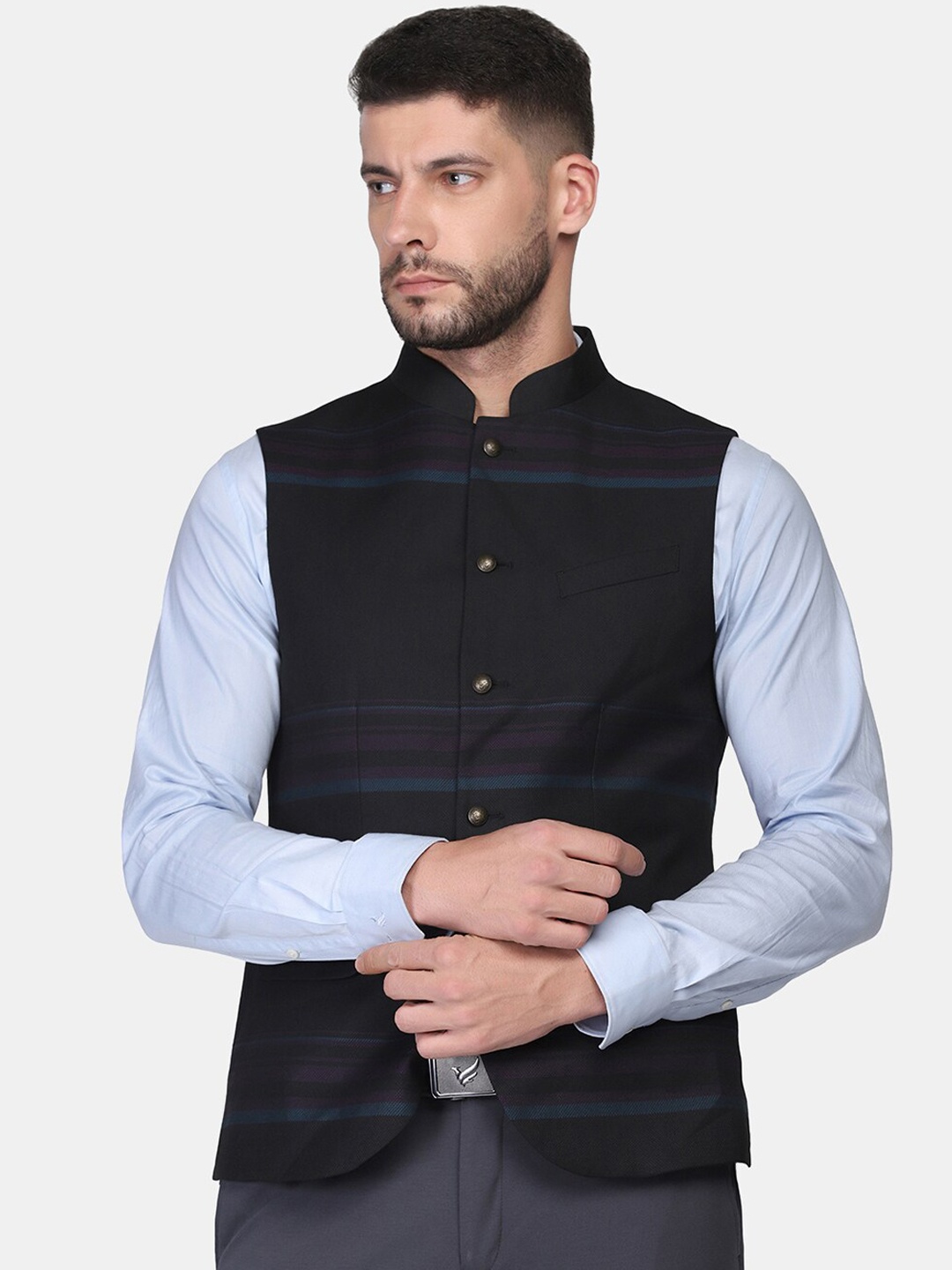 

Blackberrys Men Black Striped Slim-Fit Nehru Jacket