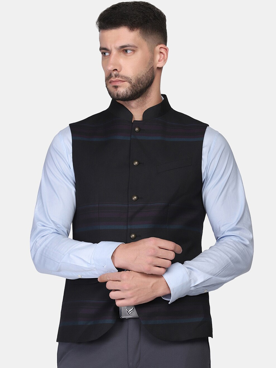 

Blackberrys Men Black Striped Slim-Fit Reversible Waistcoat