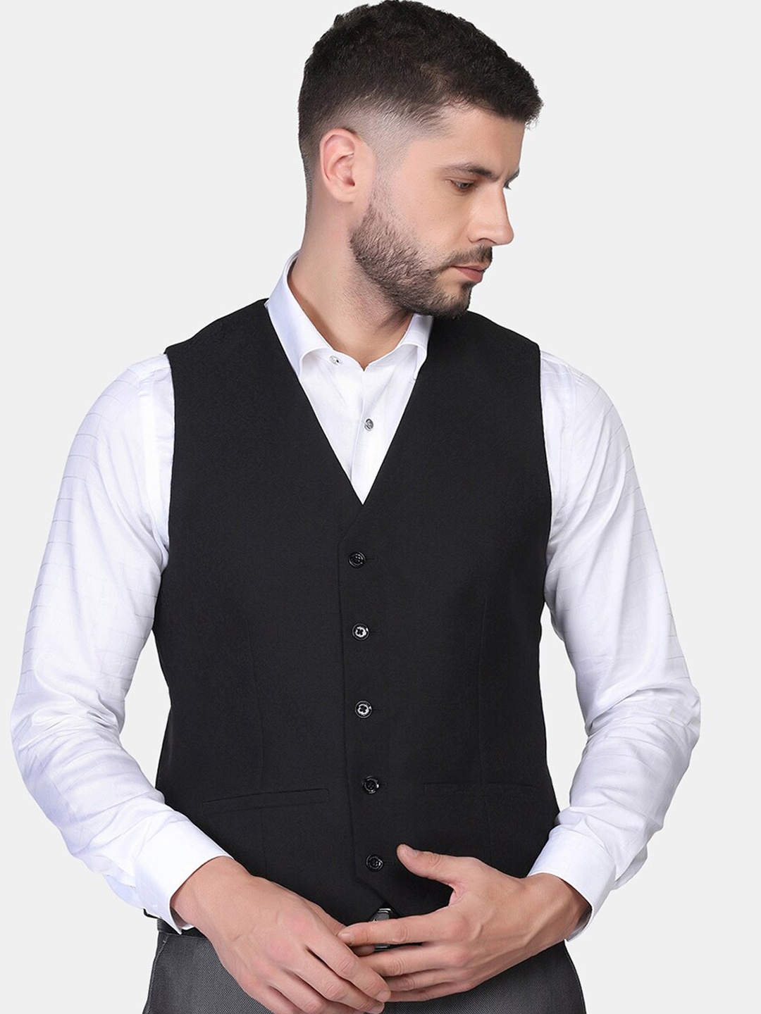 

Blackberrys Men Black Solid Woven Slim-Fit Waistcoat