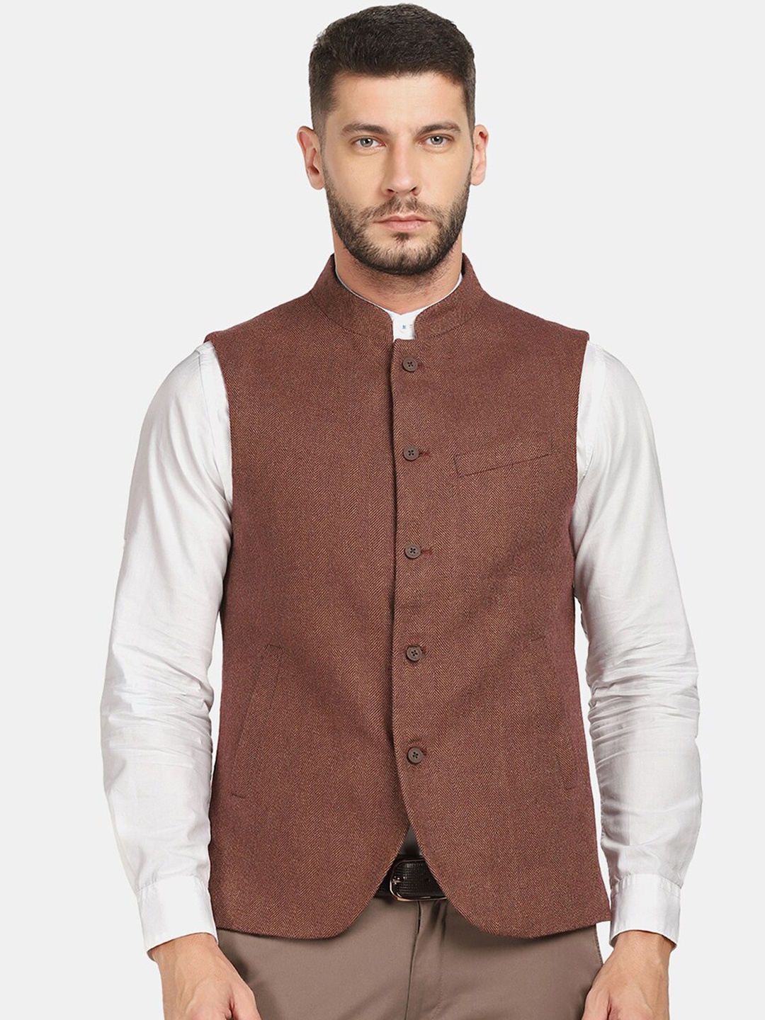 

Blackberrys Men Rust Striped Slim-Fit Nehru Jacket, Coffee brown