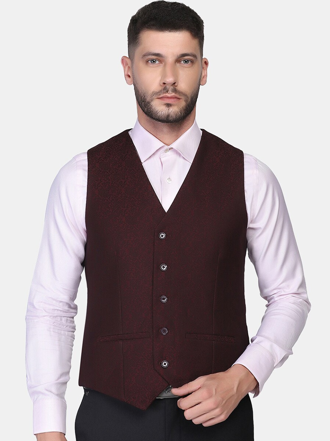 

Blackberrys Men Maroon Jacquard Woven Slim-Fit Reversible Waistcoat