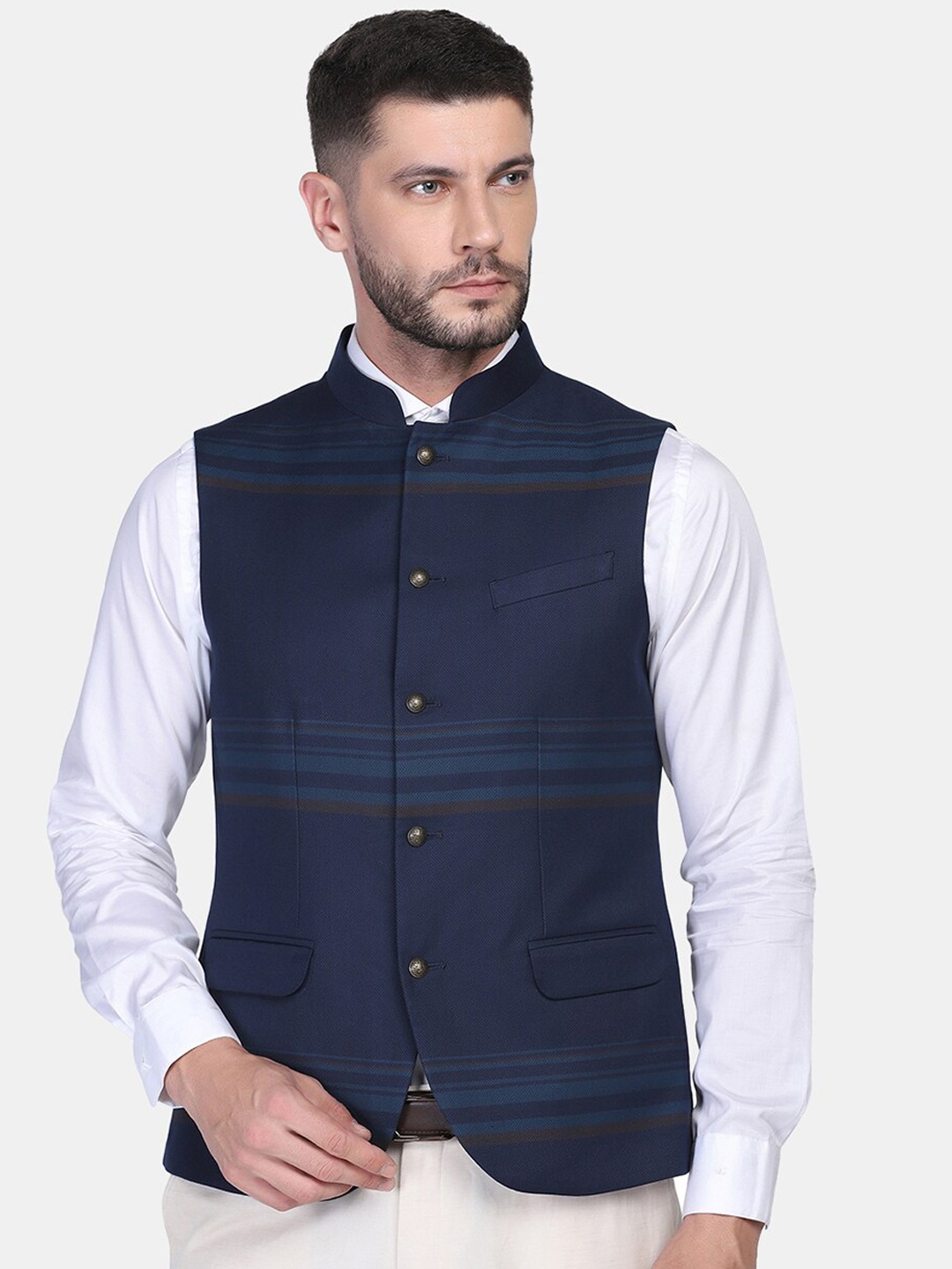 

Blackberrys Men Navy Blue Striped Slim-Fit Nehru Jacket