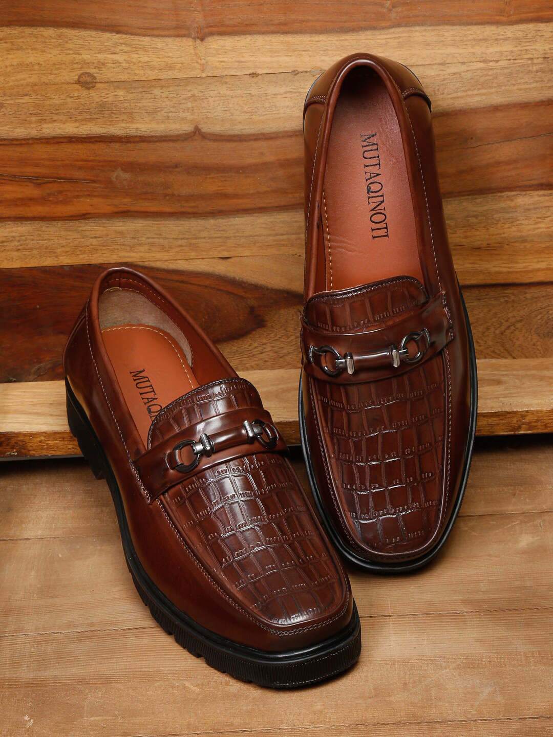 

MUTAQINOTI Men Brown Textured Formal Loafers
