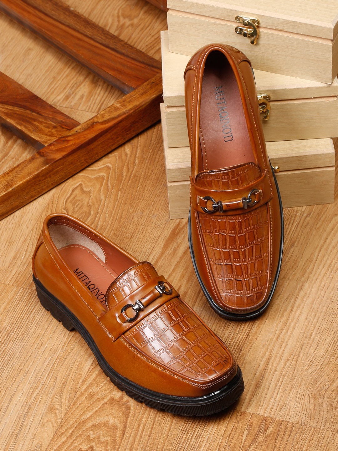 

MUTAQINOTI Men Tan Textured Formal Loafers