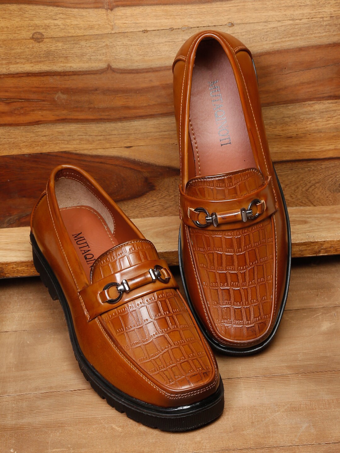 

MUTAQINOTI Men Tan Textured Formal Loafers