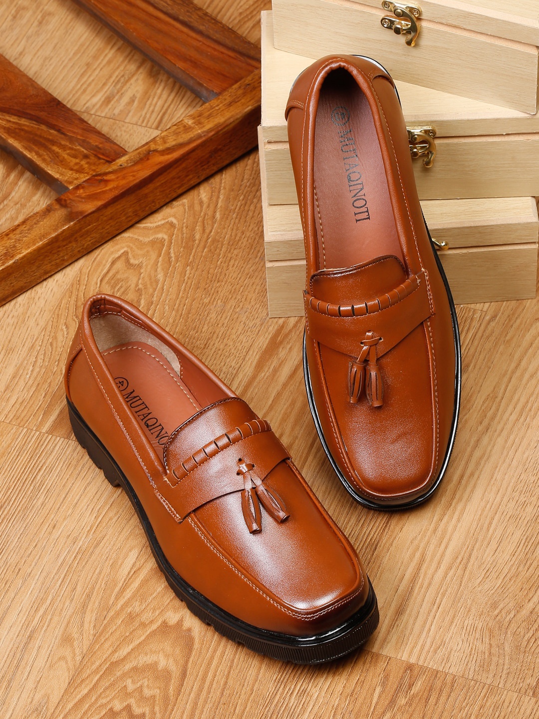 

MUTAQINOTI Men Tan Brown Solid Formal Loafers