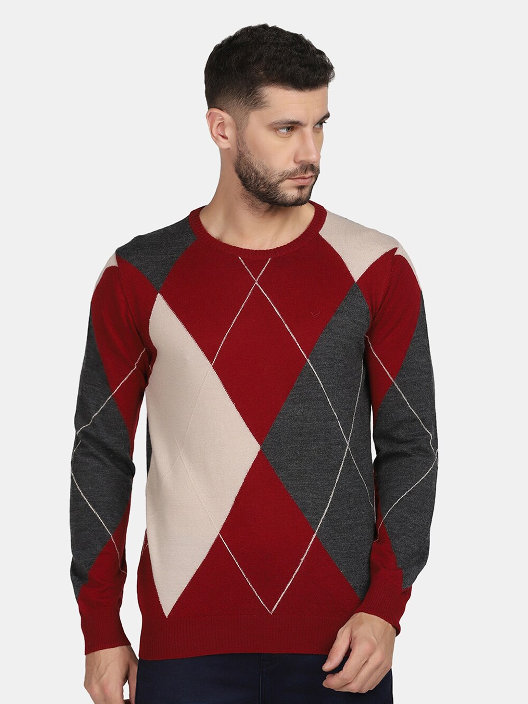 

Blackberrys Men Maroon & Grey Colourblocked Wool Pullover Sweater