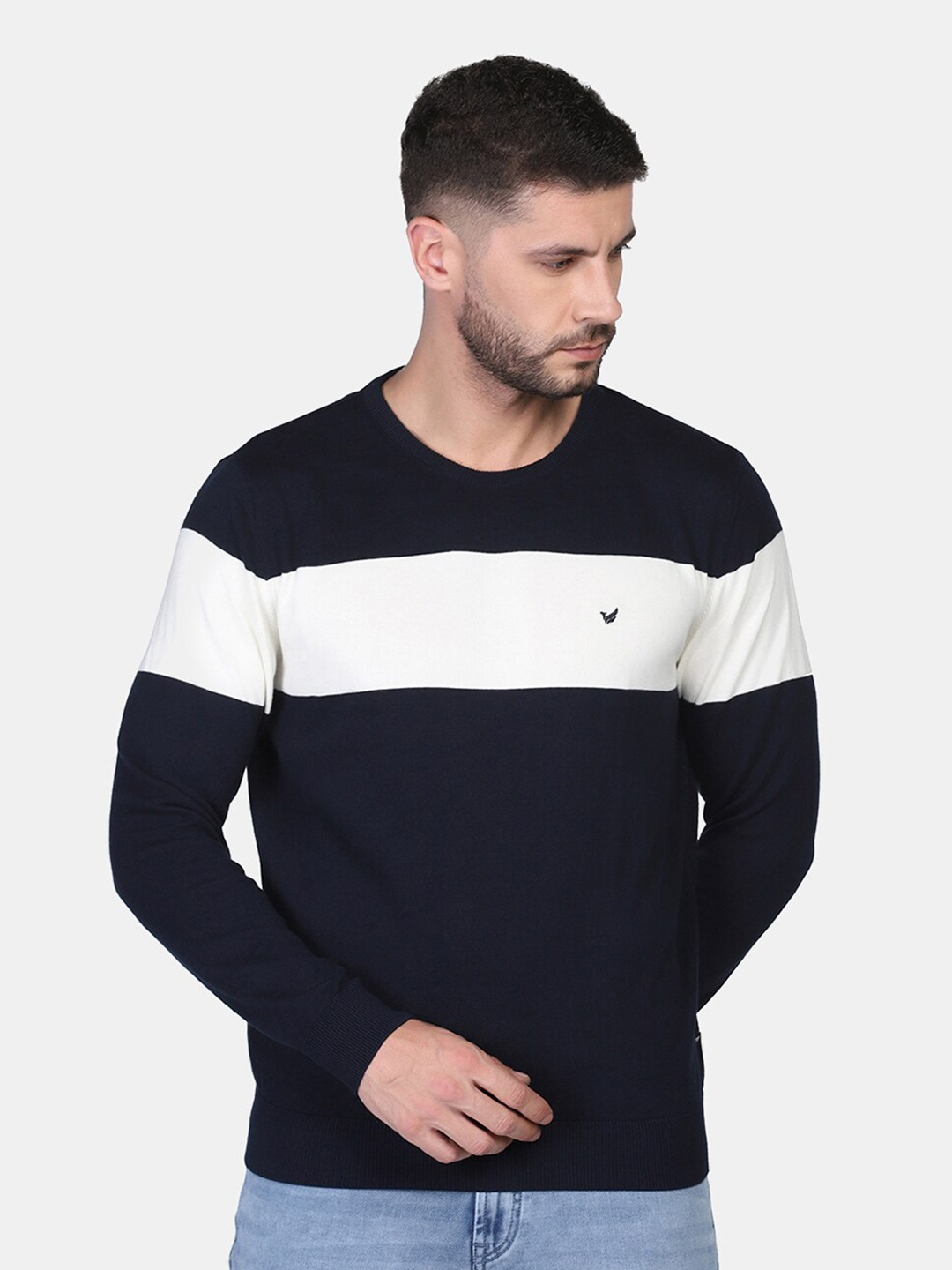 

Blackberrys Men Navy Blue & White Colourblocked Cotton Pullover