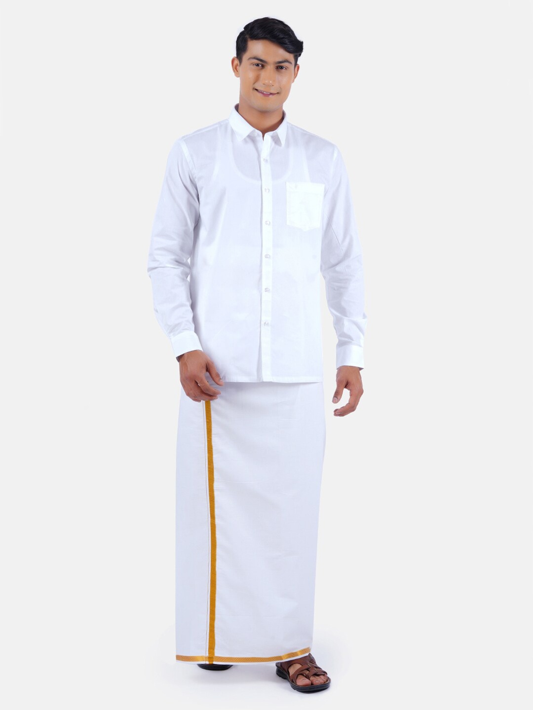 

Ramraj Men White Solid PolyCotton Shirt with gold border White Dhoti