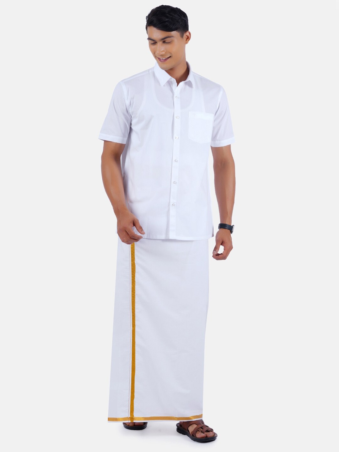 

Ramraj Men White Solid PolyCotton Shirt with gold border White Dhoti