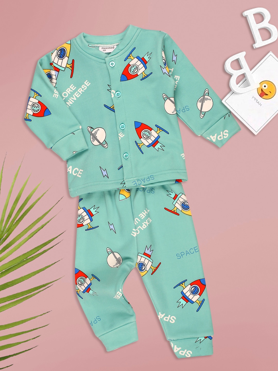 

MeeMee Unisex Kids Green & Blue Printed Night suit