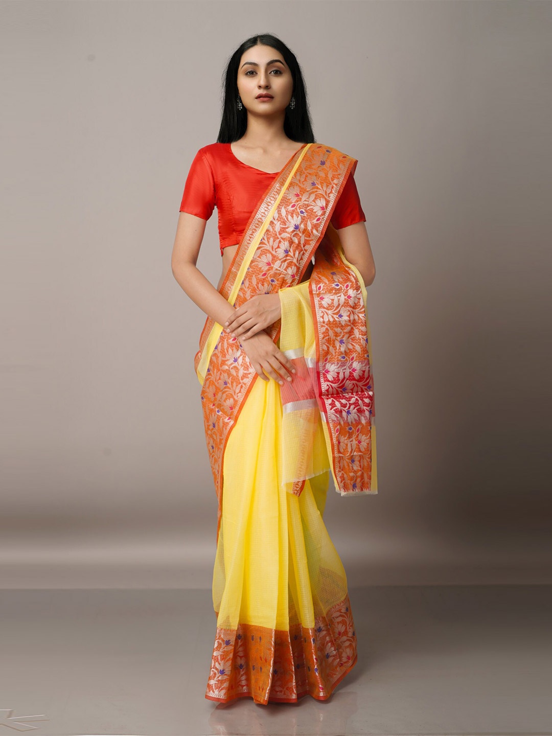 

Unnati Silks Women Zari Silk Blend Kota Saree, Yellow