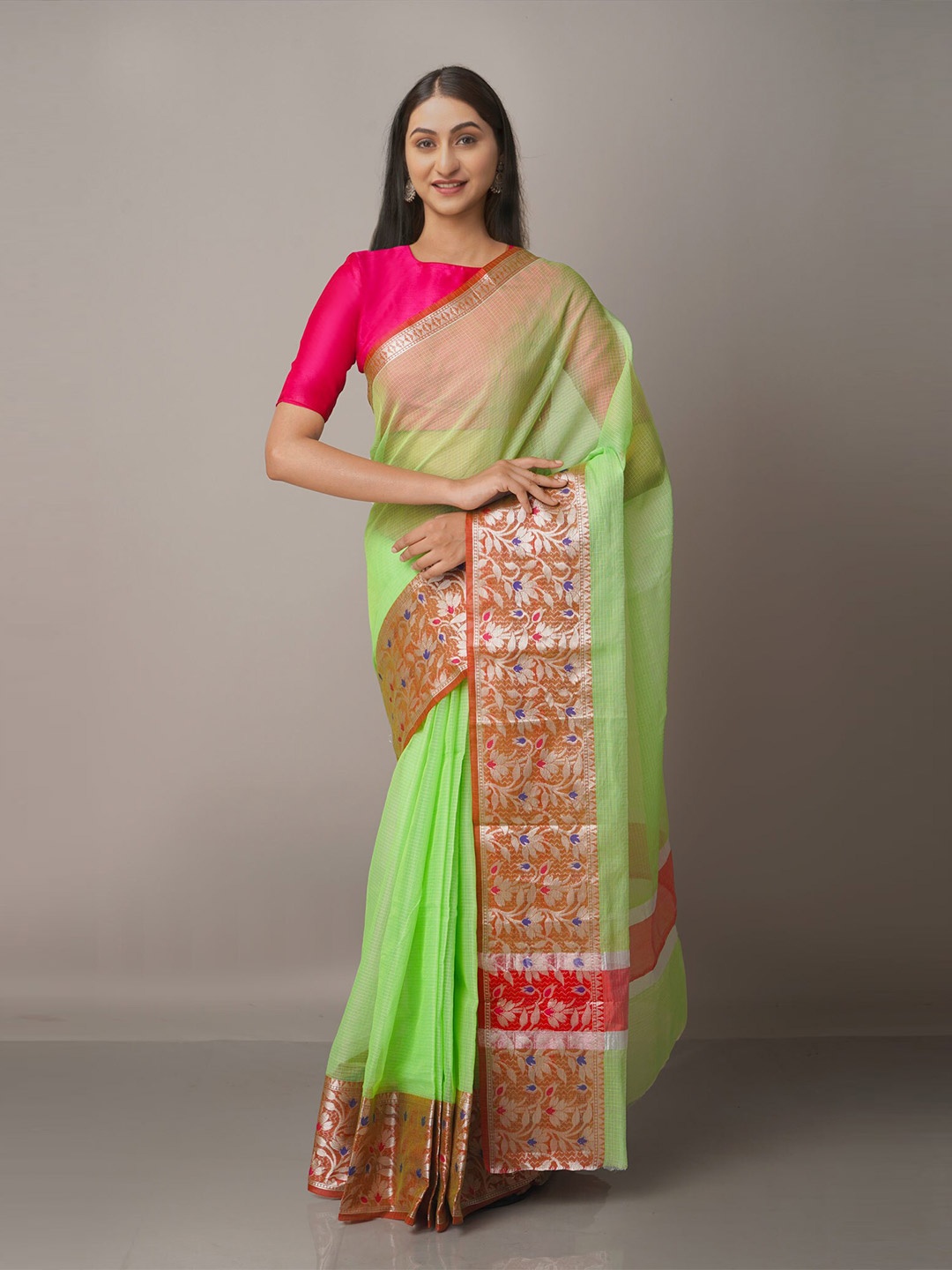 

Unnati Silks Green & Red Woven Design Zari Silk Blend Kota Saree