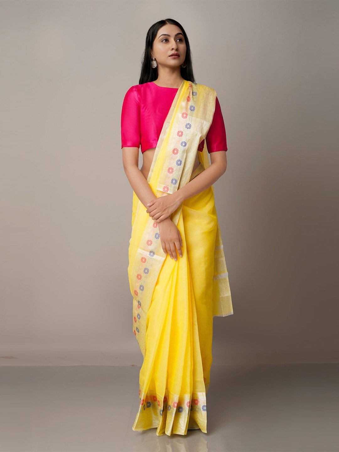 

Unnati Silks Yellow & Silver-Toned Checked Zari Silk Blend Kota Saree