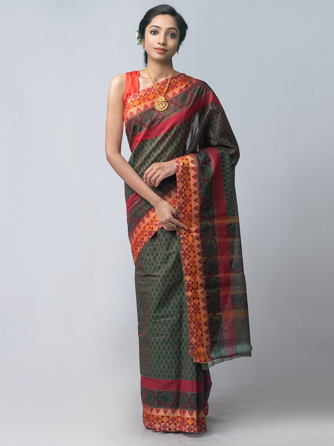 

Unnati Silks Printed Cotton Blend Kanjeevaram Saree, Green