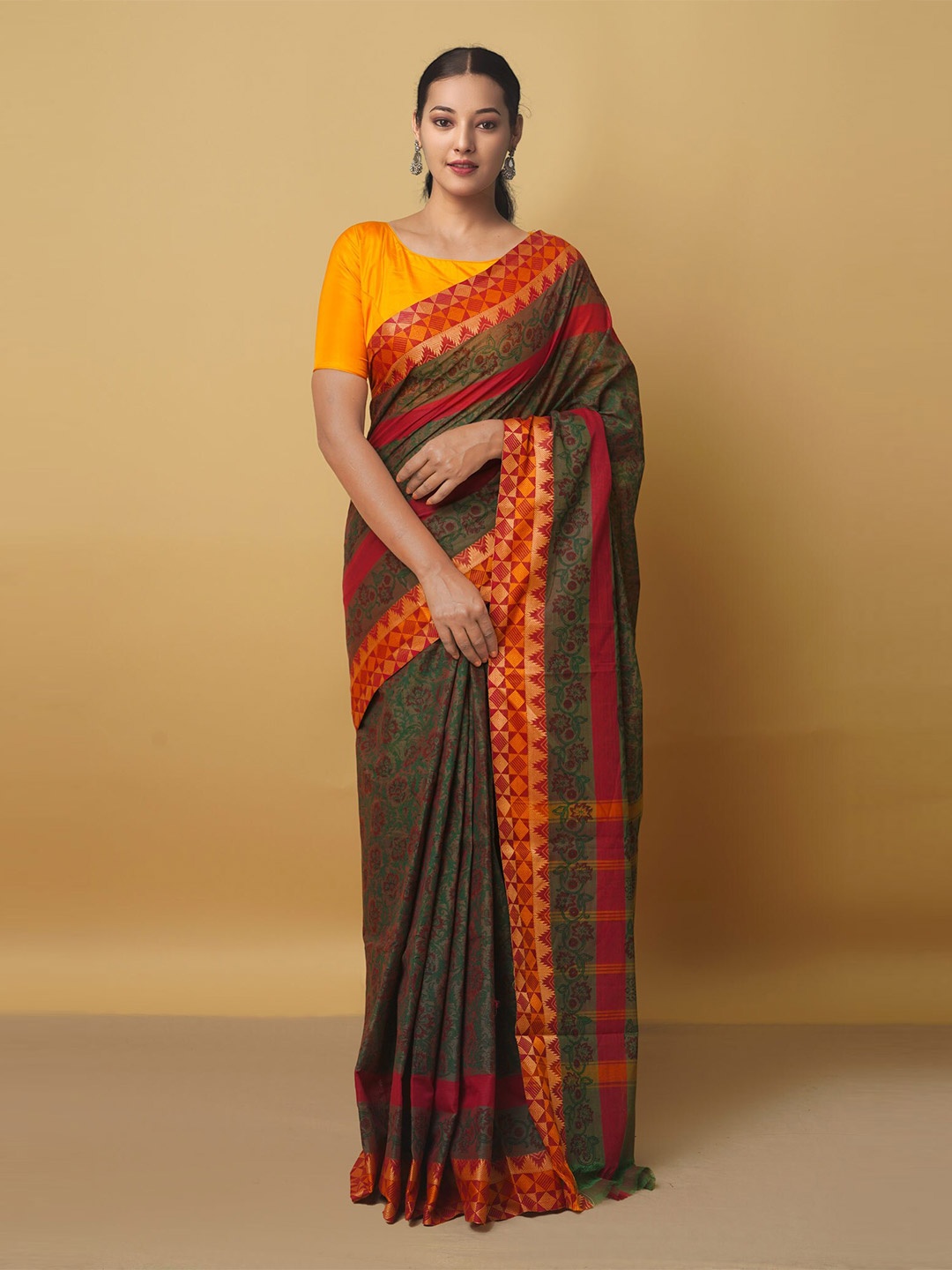 

Unnati Silks Printed Cotton Blend Kanjeevaram Saree, Olive