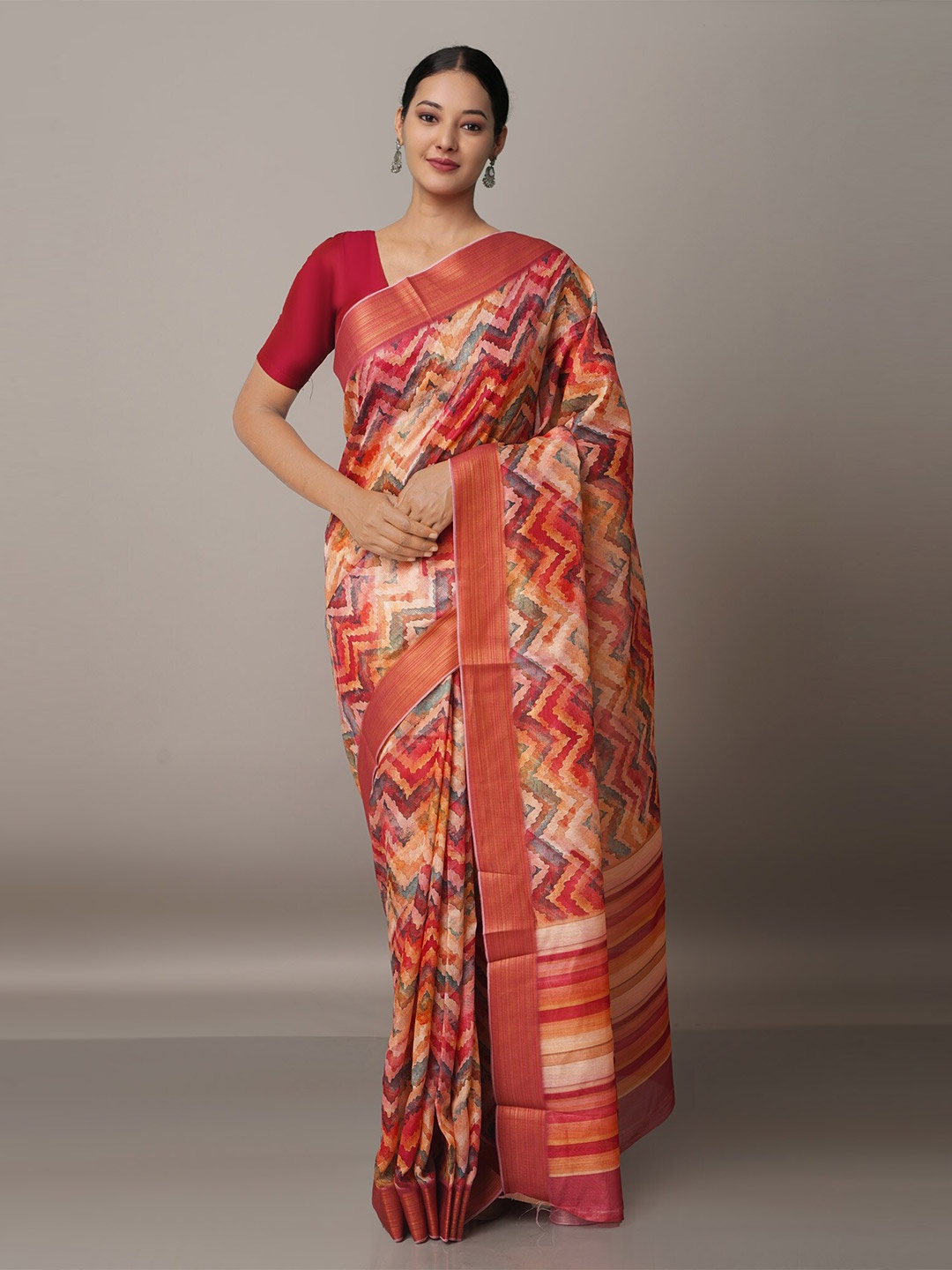 

Unnati Silks Beige & Red Zari Silk Cotton Saree