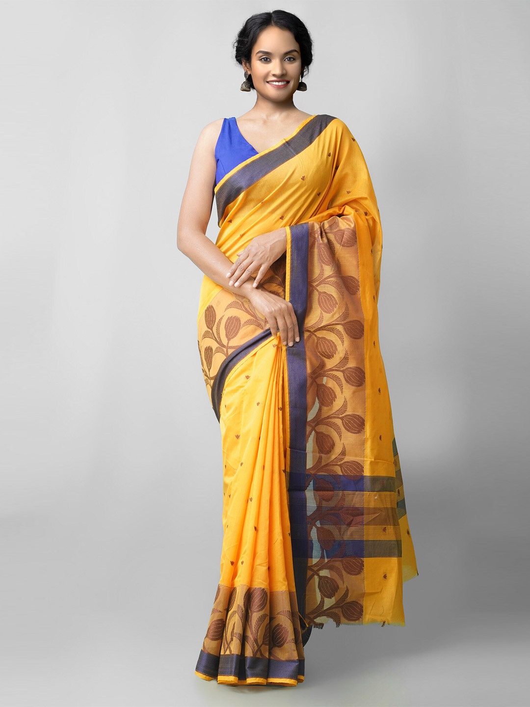 

Unnati Silks Orange & Navy Blue Woven Design Zari Silk Cotton Bhagalpuri Saree