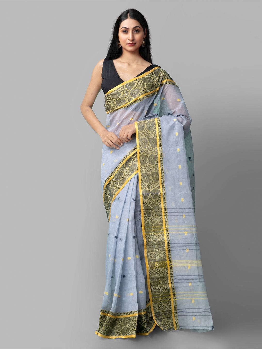 

Unnati Silks Grey & Yellow Woven Design Pure Cotton Taant Saree