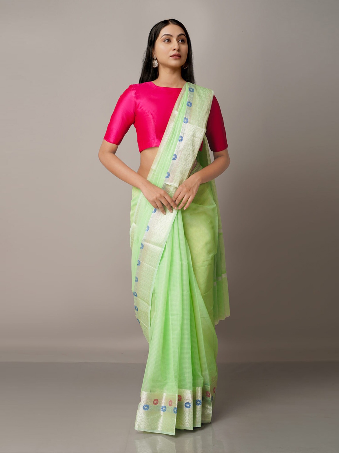 

Unnati Silks Green & Blue Woven Design Zari Silk Blend Kota Saree