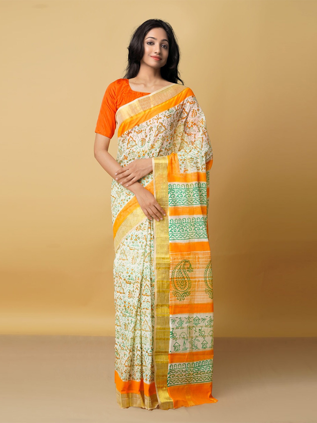 

Unnati Silks White & Orange Ethnic Motifs Zari Pure Cotton Venkatgiri Saree