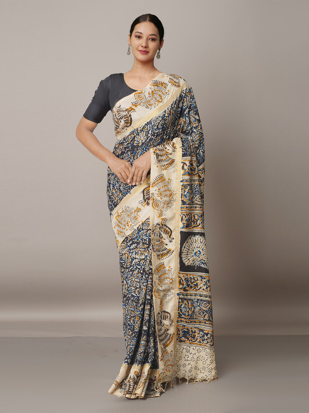 

Unnati Silks Blue & Black Kalamkari Pure Silk Block Print Saree