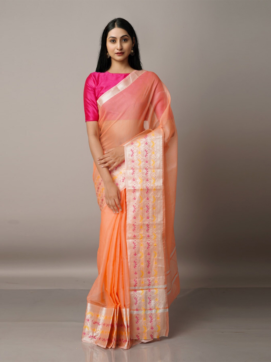 

Unnati Silks Orange & Pink Woven Design Zari Silk Blend Kota Saree