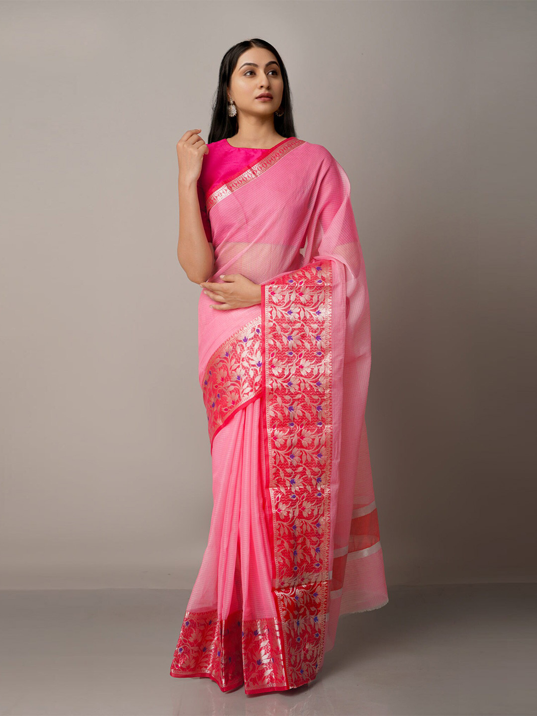 

Unnati Silks Pink & Red Woven Design Silk Blend Kota Saree