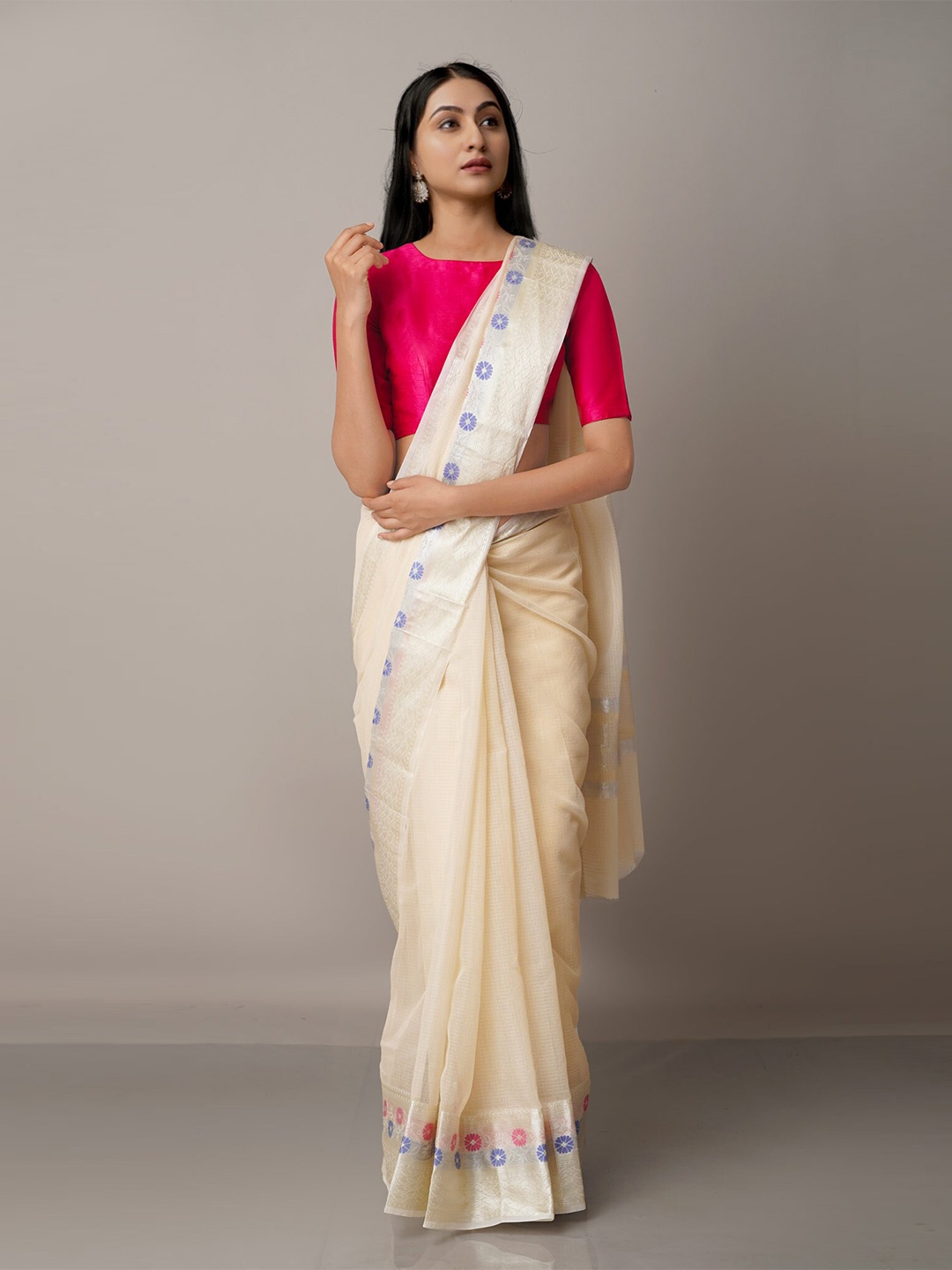 

Unnati Silks Cream-Coloured & Blue Woven Design Zari Silk Blend Kota Saree