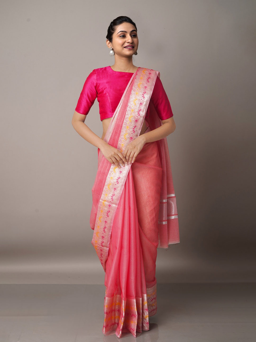 

Unnati Silks Pink & Silver-Toned Checked Zari Silk Blend Kota Saree