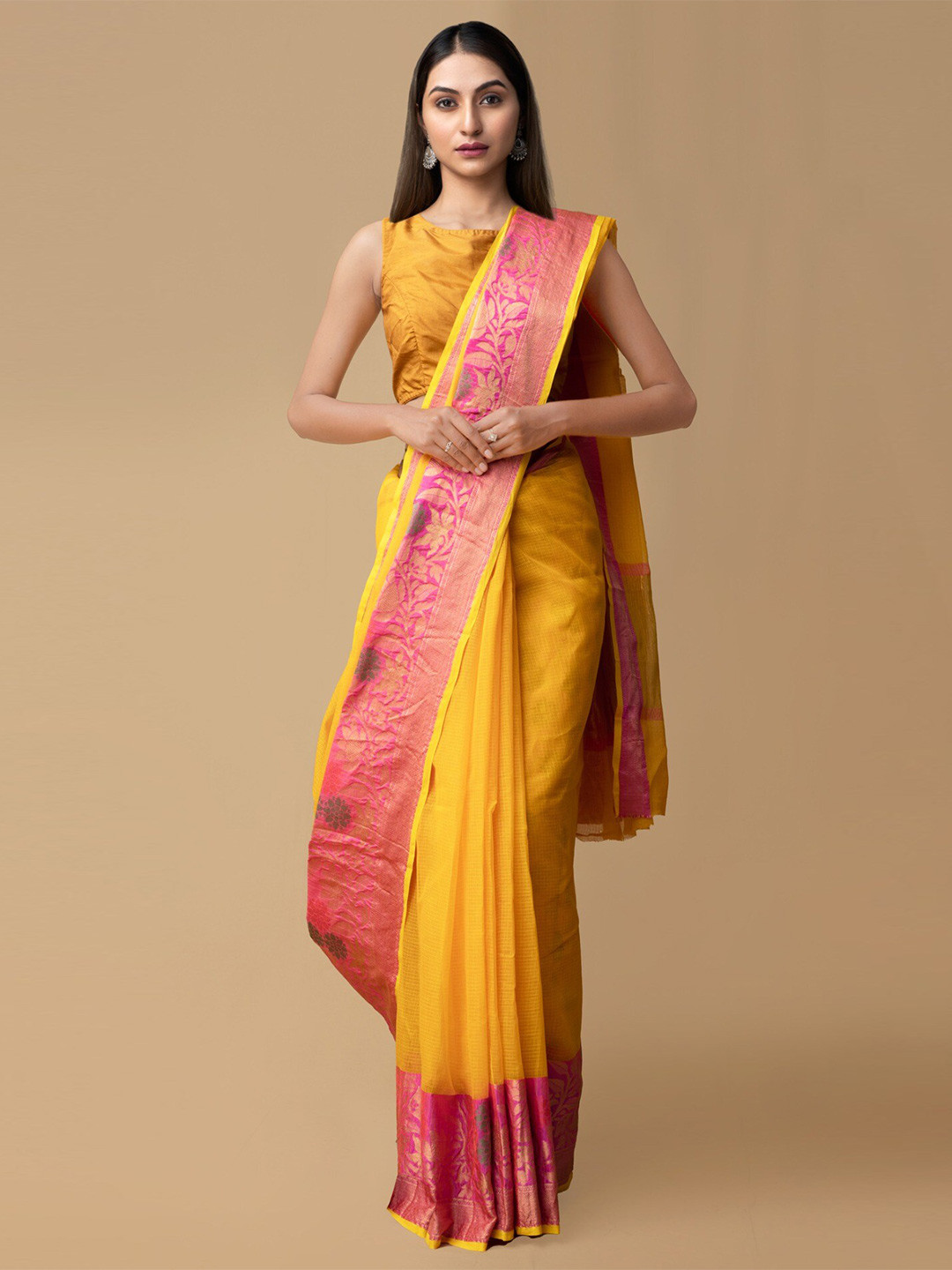 

Unnati Silks Orange & Pink Zari Silk Cotton Kota Saree