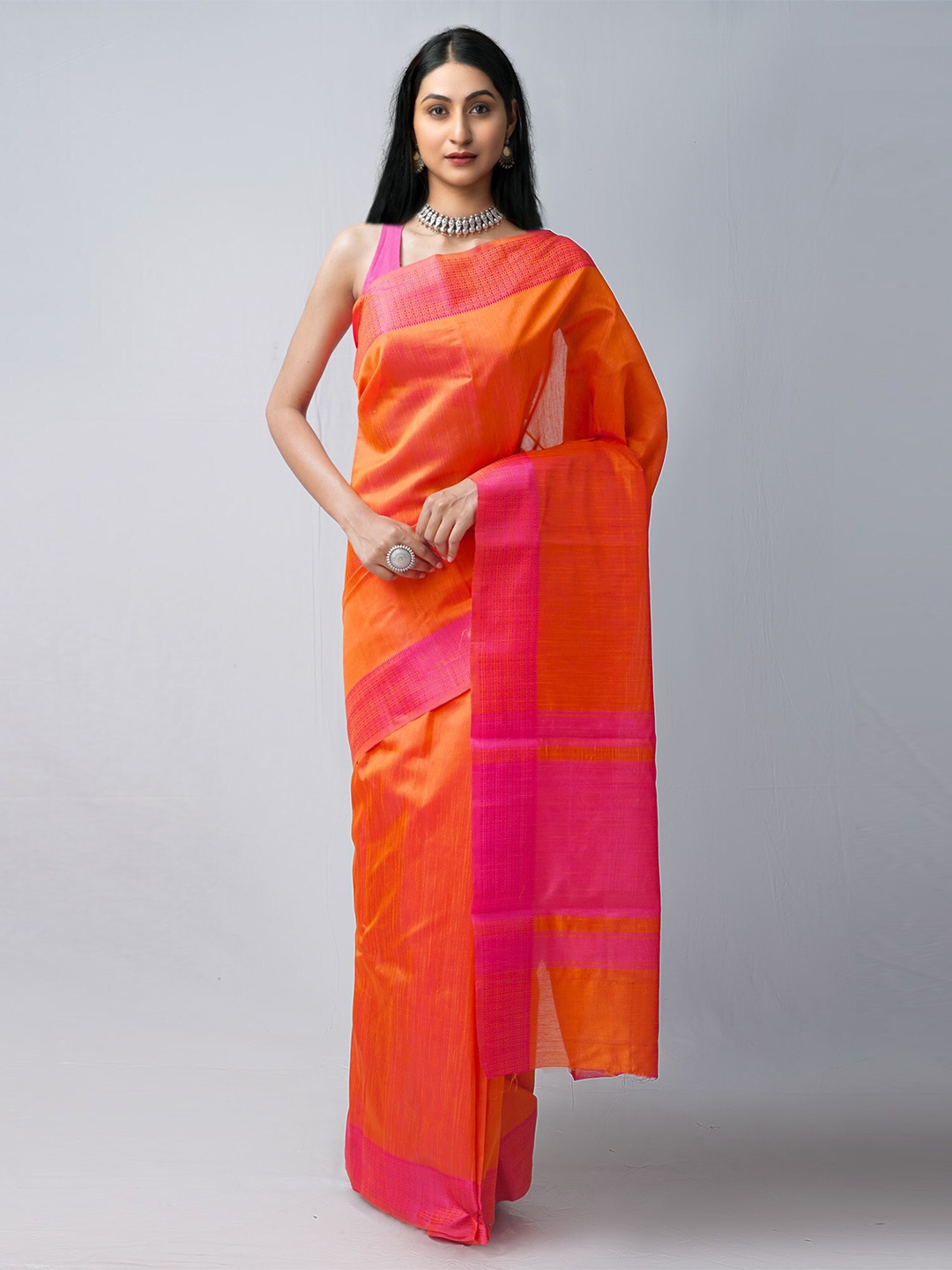 

Unnati Silks Orange & Pink Woven Design Zari Silk Cotton Mysore Silk Saree