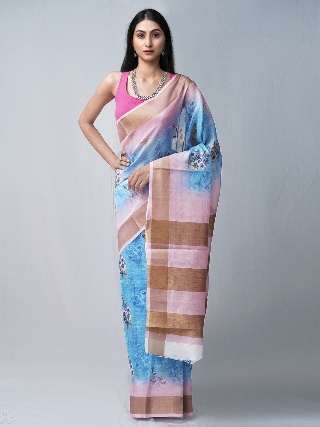 

Unnati Silks Blue & Pink Floral Zari Silk Cotton Block Print Saree