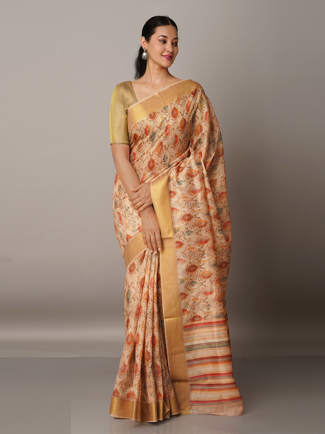 

Unnati Silks Brown & Gold-Toned Ethnic Motifs Zari Silk Cotton Block Print Saree