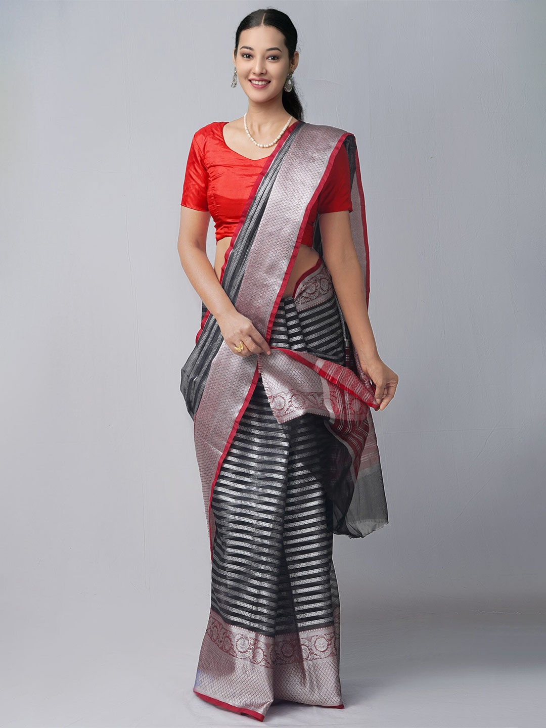 

Unnati Silks Black & Red Woven Design Zari Banarasi Saree