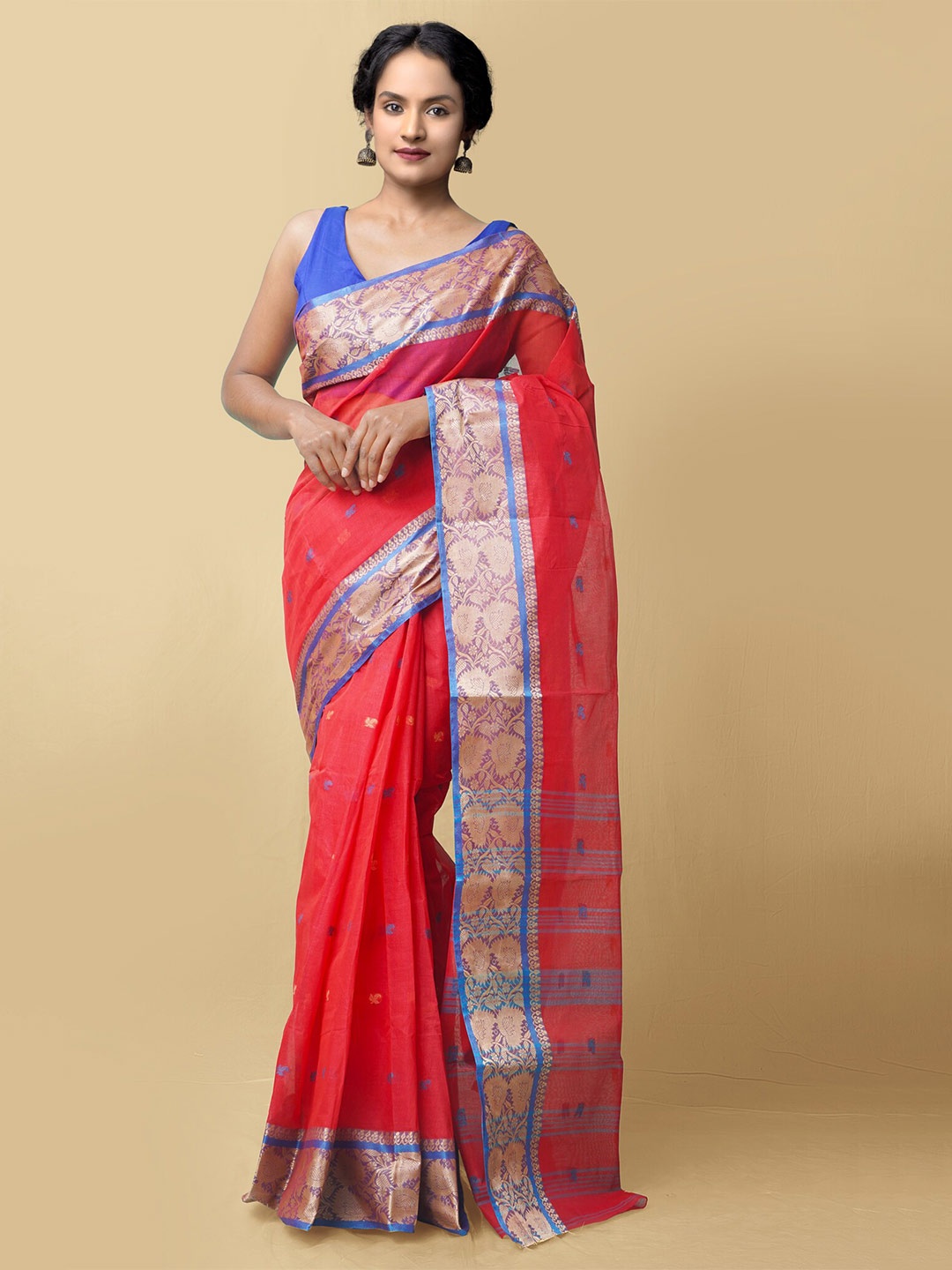 

Unnati Silks Coral & Blue Ethnic Motifs Pure Cotton Taant Saree