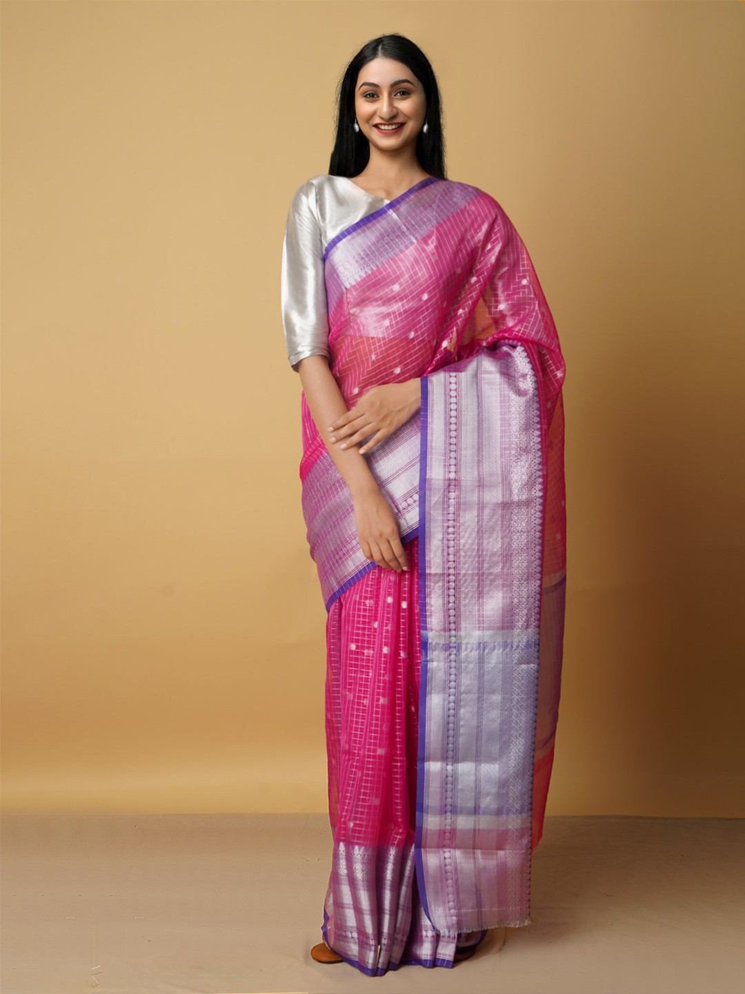 

Unnati Silks Pink & Silver-Toned Ethnic Motifs Zari Silk Cotton Banarasi Saree