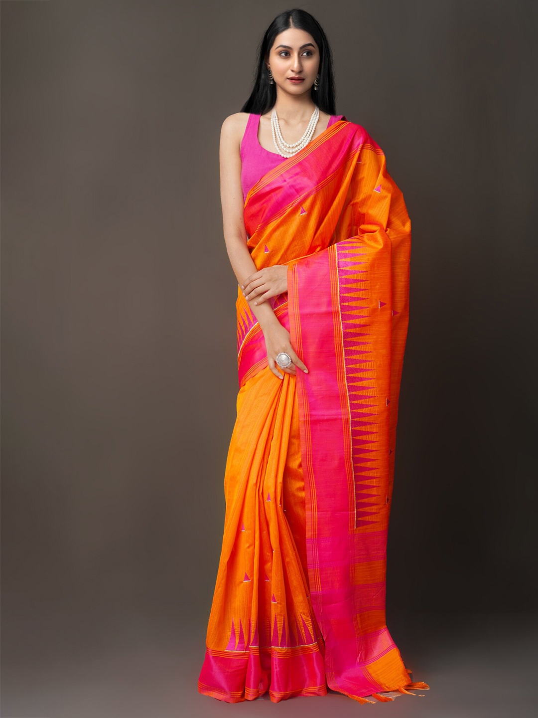 

Unnati Silks Orange & Pink Silk Cotton Mysore Silk Saree