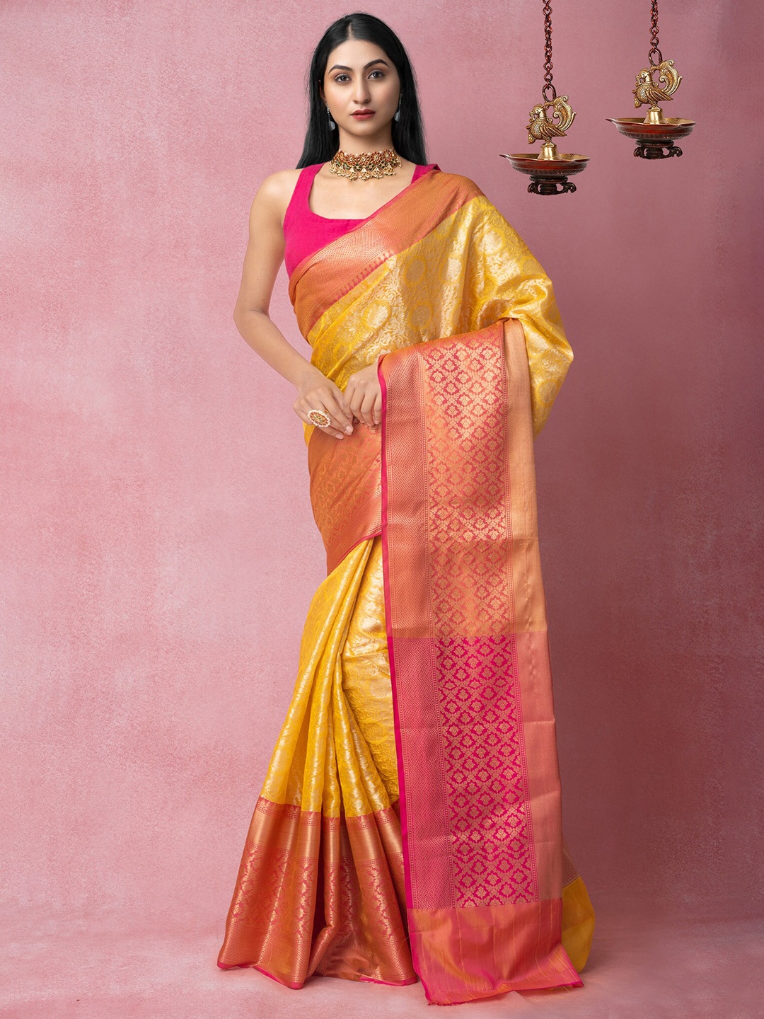 

Unnati Silks Yellow & Pink Floral Zari Silk Cotton Banarasi Saree