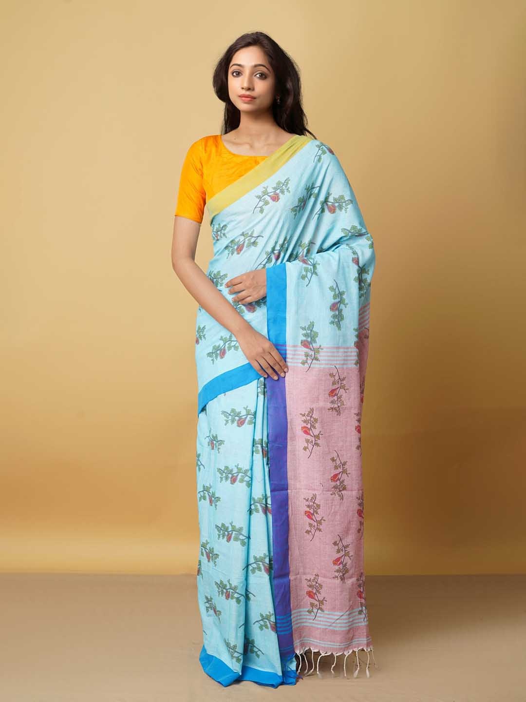 

Unnati Silks Blue & Green Floral Block Print Saree