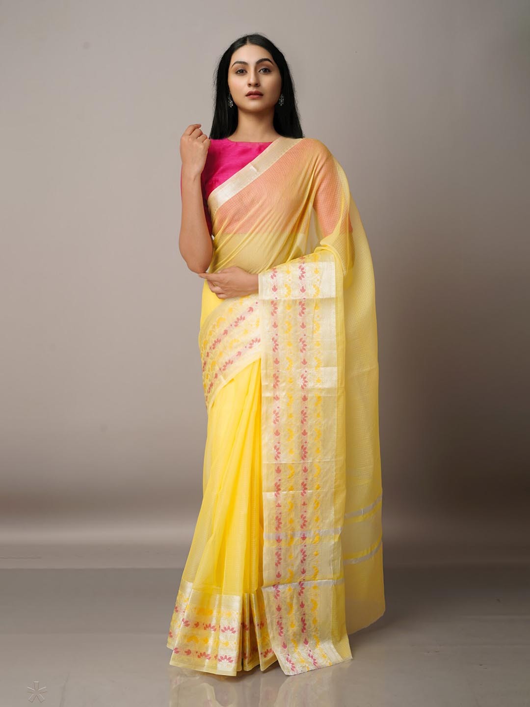 

Unnati Silks Yellow & Pink Woven Design Zari Silk Blend Kota Saree