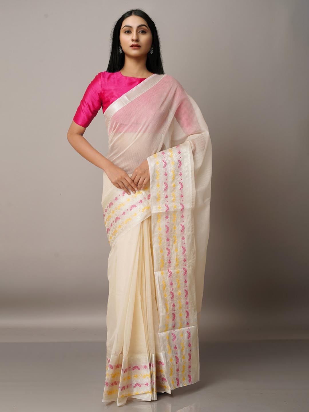 

Unnati Silks Cream-Coloured & Pink Woven Design Silk Blend Kota Saree