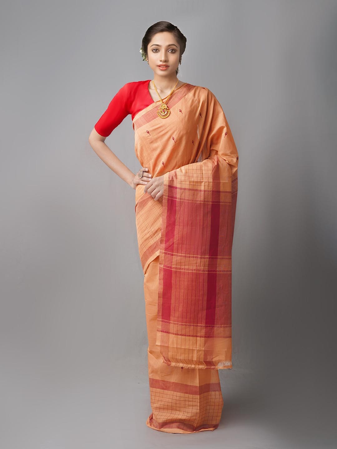 

Unnati Silks Orange & Red Woven Design Zari Pure Cotton Baluchari Saree