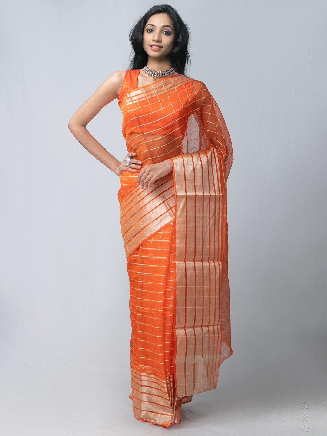 

Unnati Silks Orange & Gold-Toned Woven Design Zari Silk Cotton Kota Saree