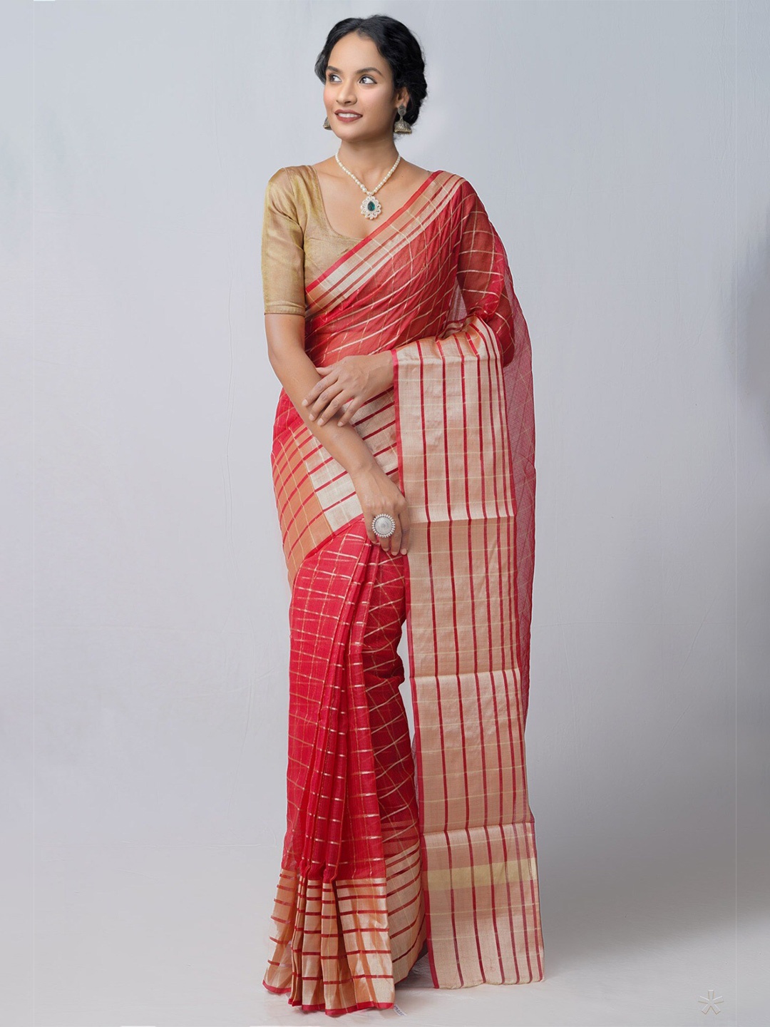 

Unnati Silks Red & Gold-Toned Woven Design Zari Silk Cotton Kota Saree