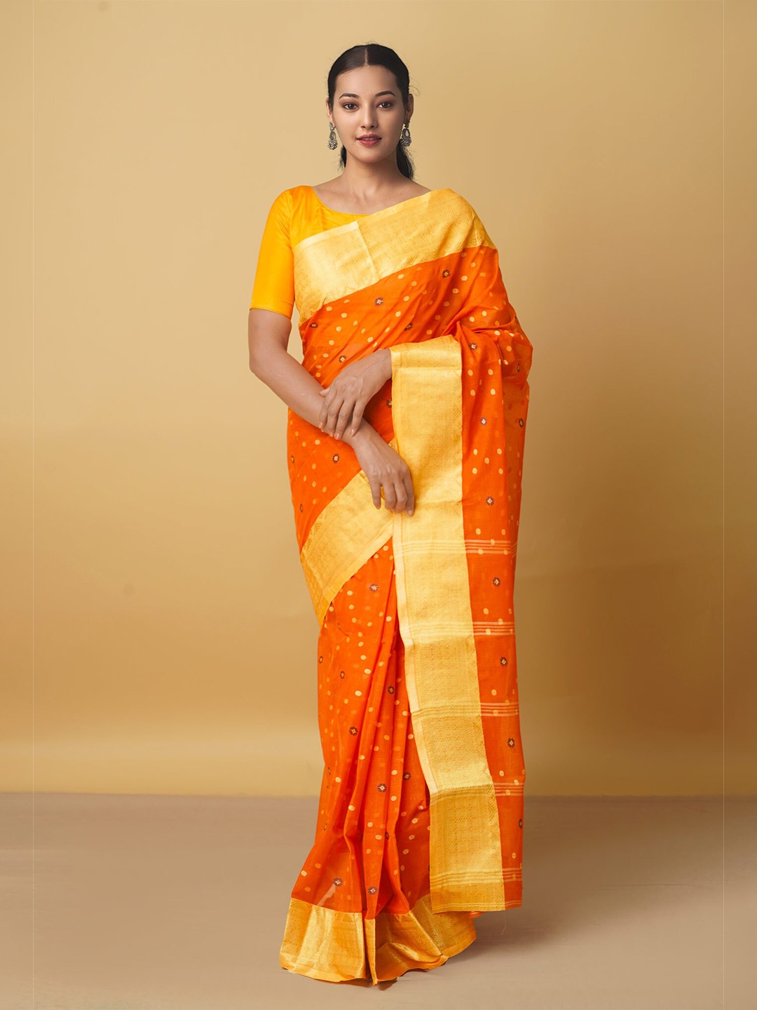 

Unnati Silks Red & Orange Woven Design Zari Pure Cotton Taant Saree