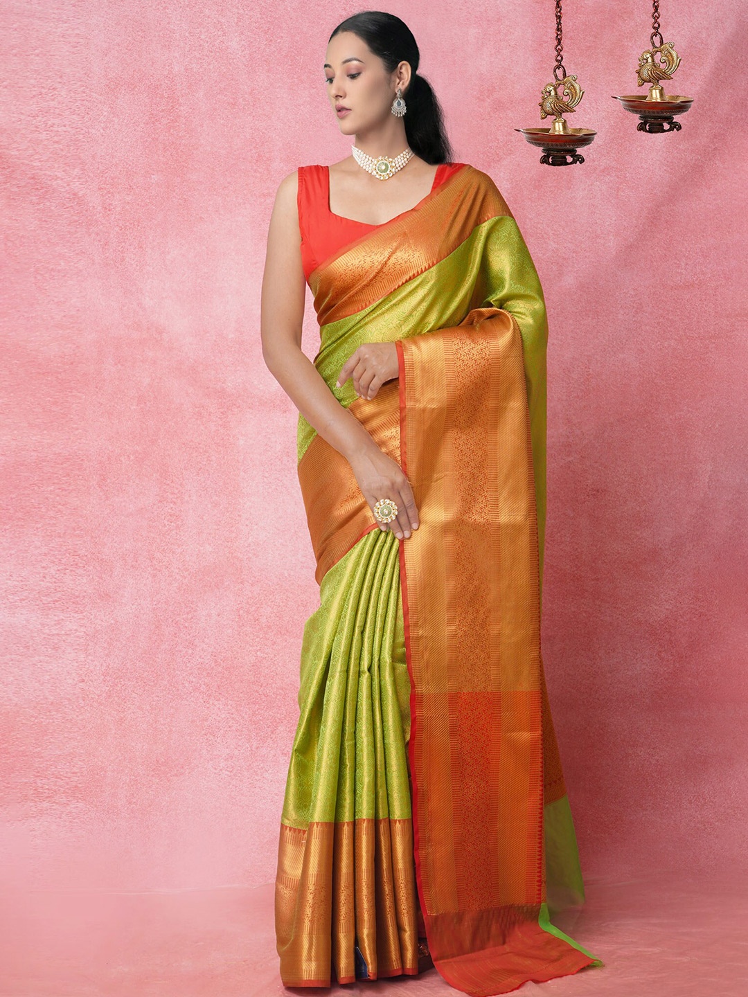 

Unnati Silks Green & Red Woven Design Zari Silk Cotton Banarasi Saree