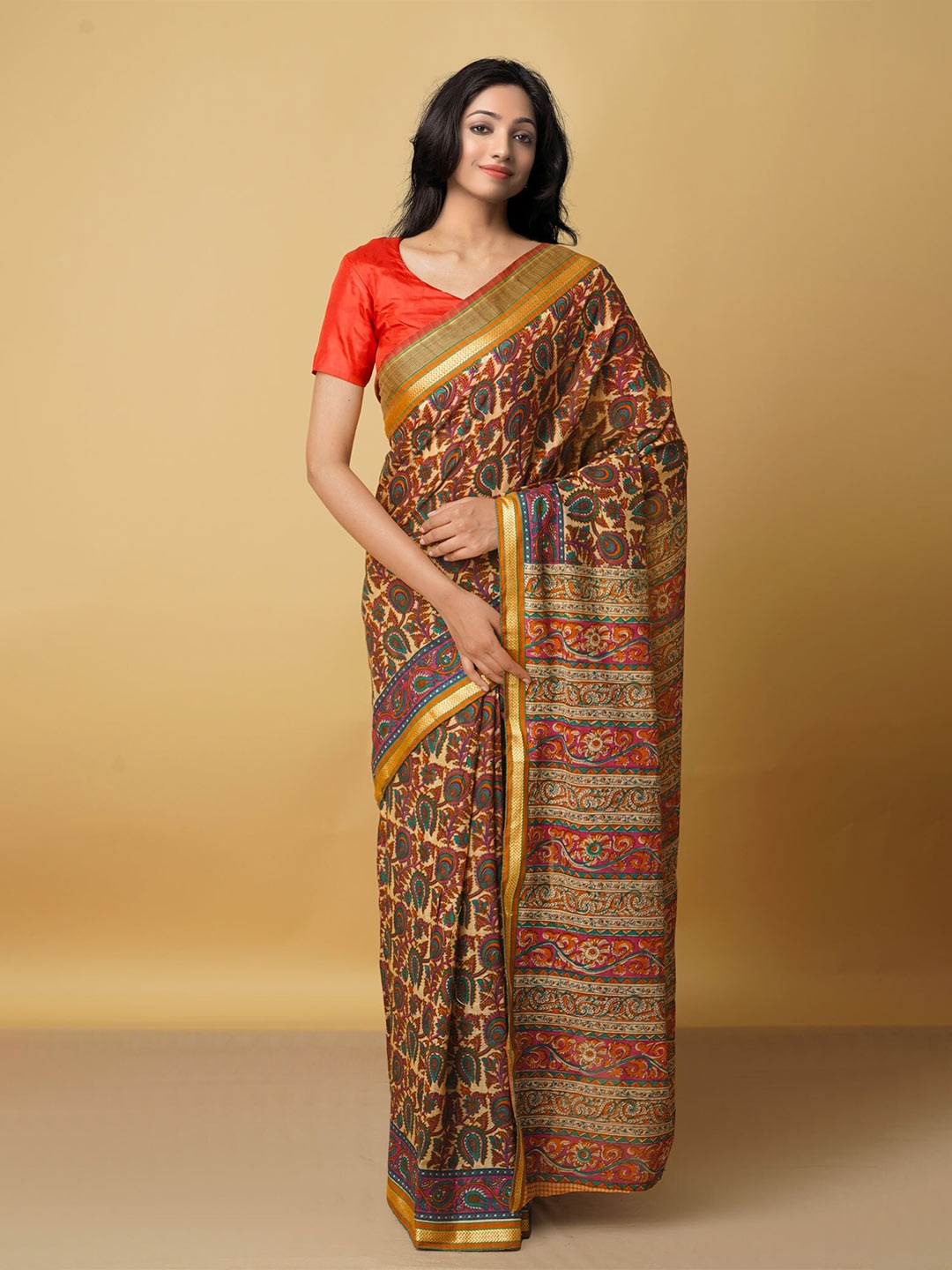 

Unnati Silks Brown & Blue Kalamkari Zari Pure Cotton Venkatgiri Saree
